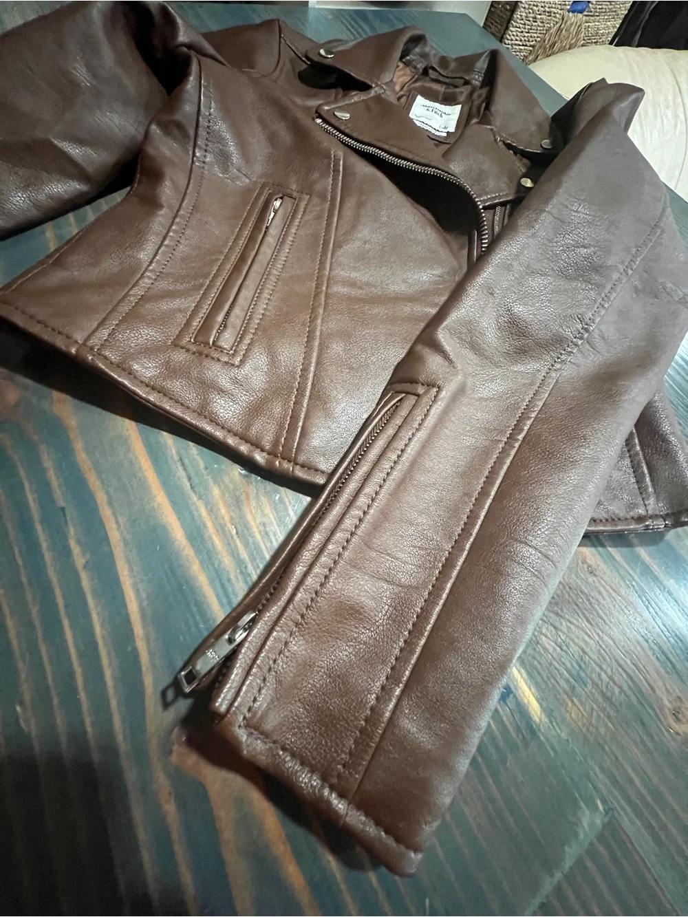 Abercrombie & Fitch Women's Brown Faux Leather Moto Jacket SizeS